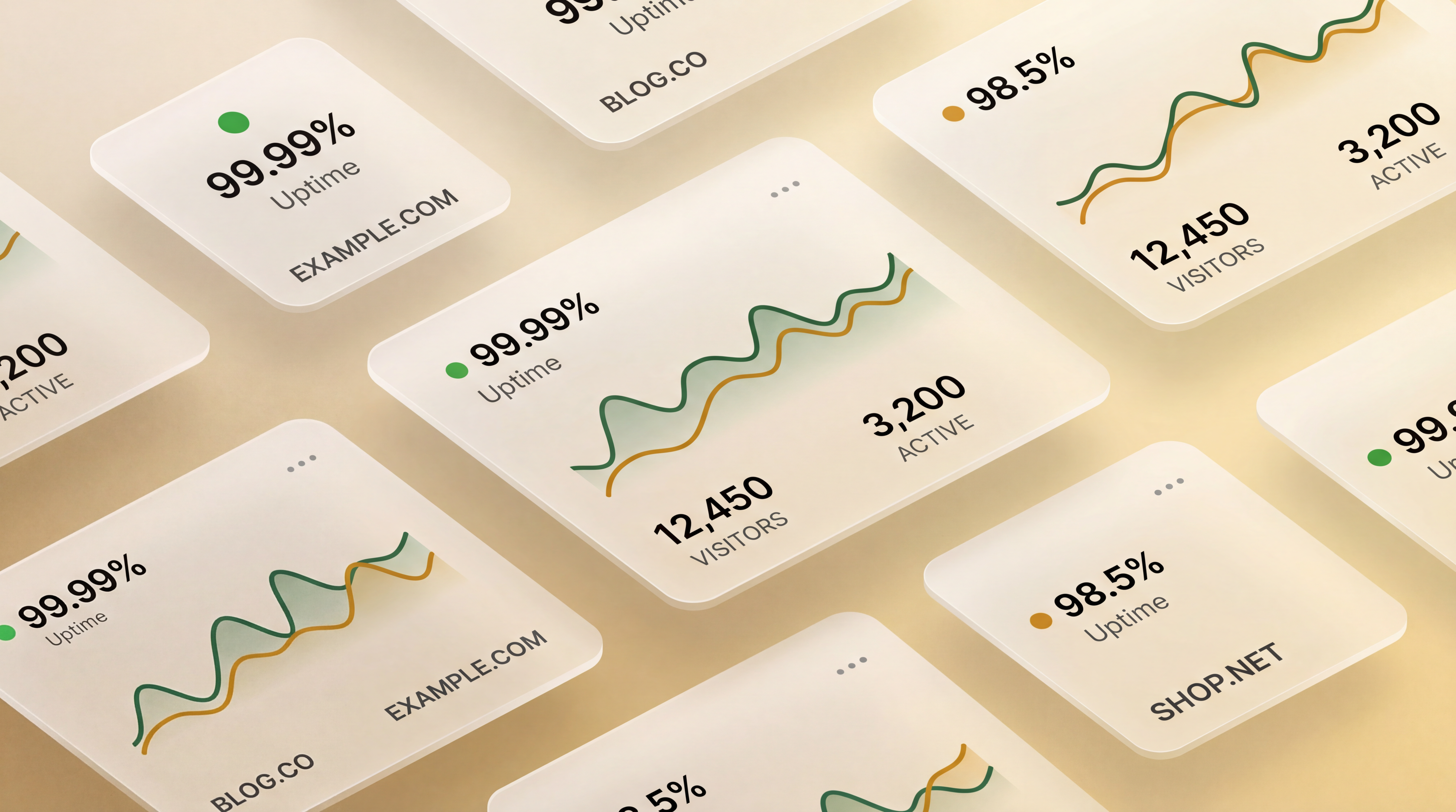 DashCanopy dashboard showing uptime, visitors, and revenue cards